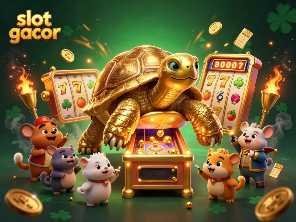 Experience slot gacor excitement with a golden tortoise pinball machine surrounded by vibrant casino elements.