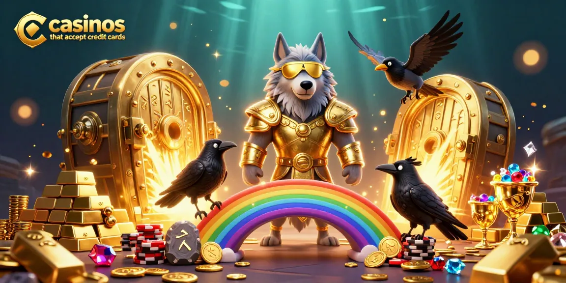 Explore casinos that accept credit cards with colorful 3D characters amid golden treasures and glowing gems.
