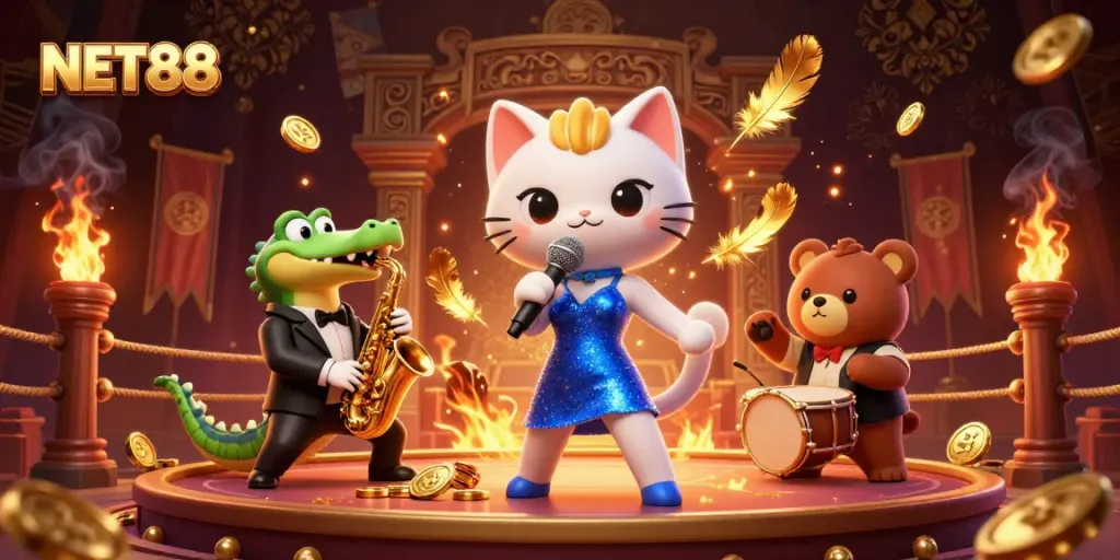 Experience thrilling gameplay at NET88 with an extravagant casino scene featuring vibrant characters and sparkling elements.
