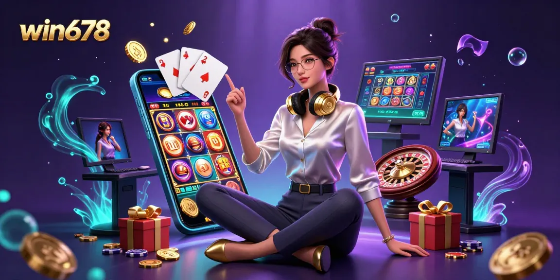 Win678 casino experience with vibrant slot machines, interactive games, and stylish visuals.