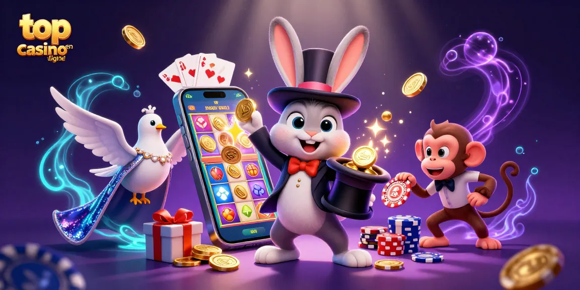 Participez à l'action des meilleurs casinos en ligne avec un magicien et ses aides, présentant des éléments de machines à sous et de cartes passionnants.