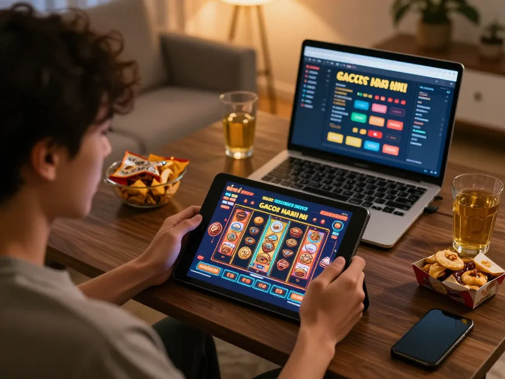 Playing slot gacor hari ini on a tablet during a cozy home gaming session.
