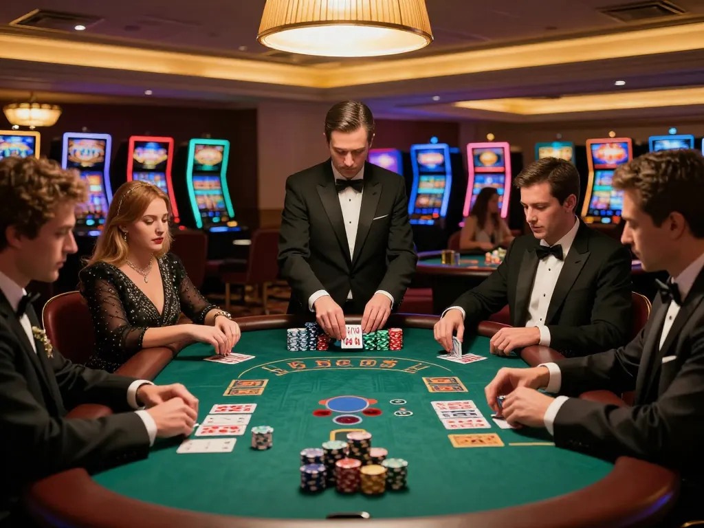 FAFA 828 players enjoying a high-stakes blackjack game in a luxurious casino environment.
