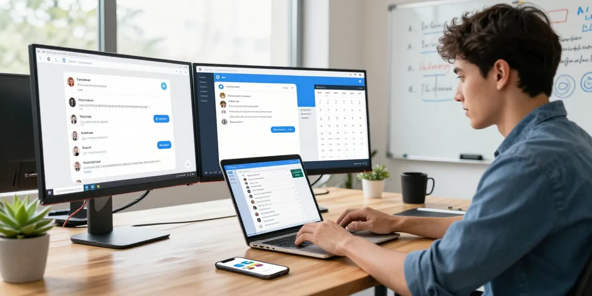Utilizing Telegram中文版 on multiple devices in a modern workspace for effective communication.