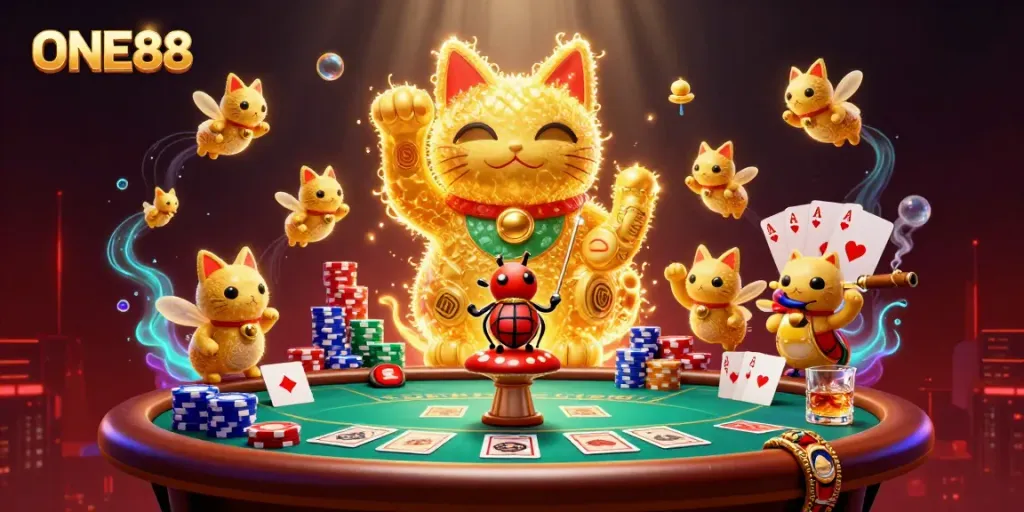 Experience the excitement of ONE88 with a vibrant, interactive casino-themed illustration featuring a lucky cat and poker symbols