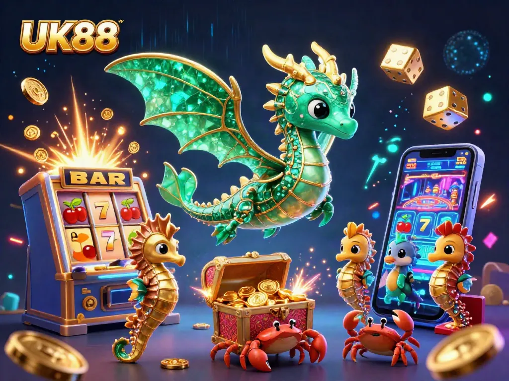 Engage with UK88's vibrant online casino experience, featuring a dynamic scene of thrilling wins and playful elements.