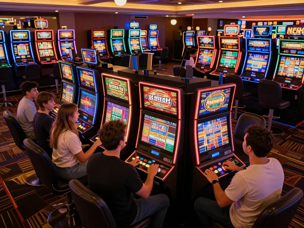 Players eagerly trying their luck at various slot bet machines in a lively casino atmosphere.
