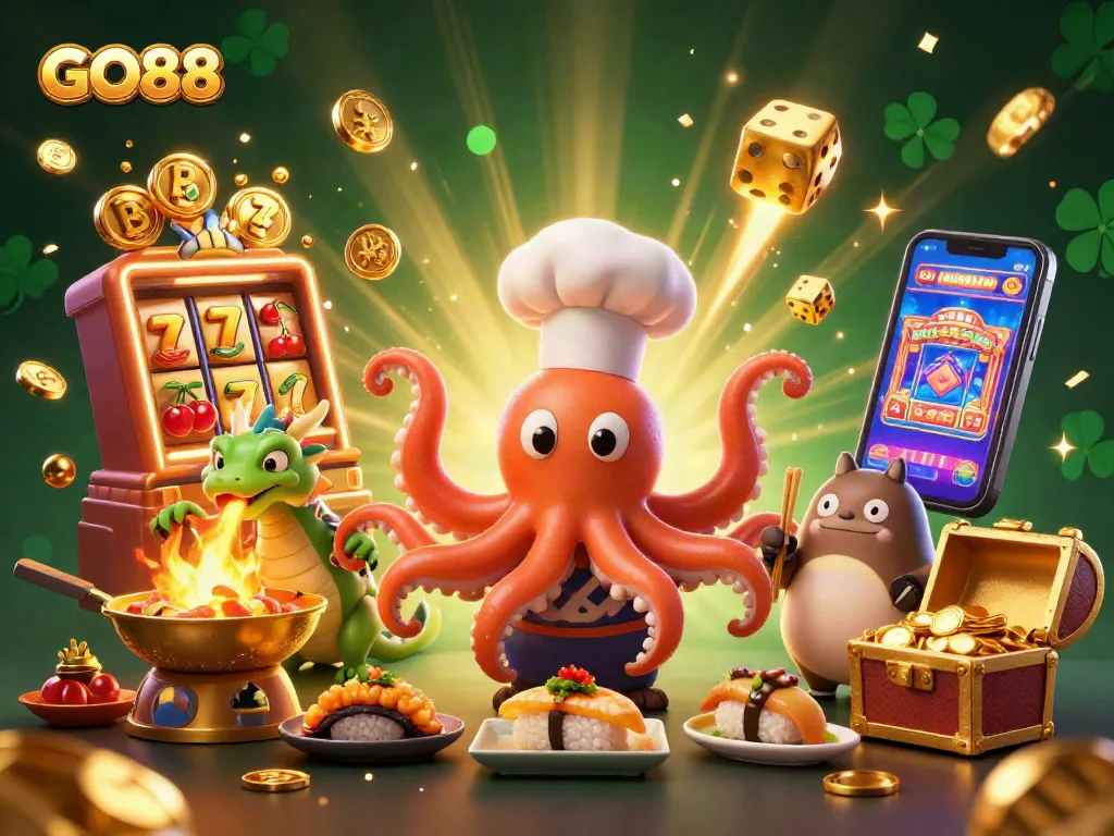 Experience the excitement of GO88 with a dynamic casino illustration featuring thrilling games and character action.