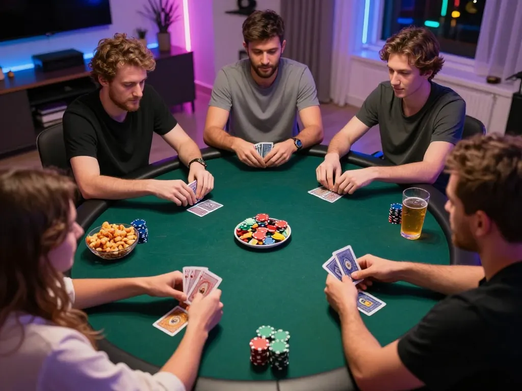 Players engage in competitive online poker at home, showcasing casino senza licenza aams atmosphere with excitement.