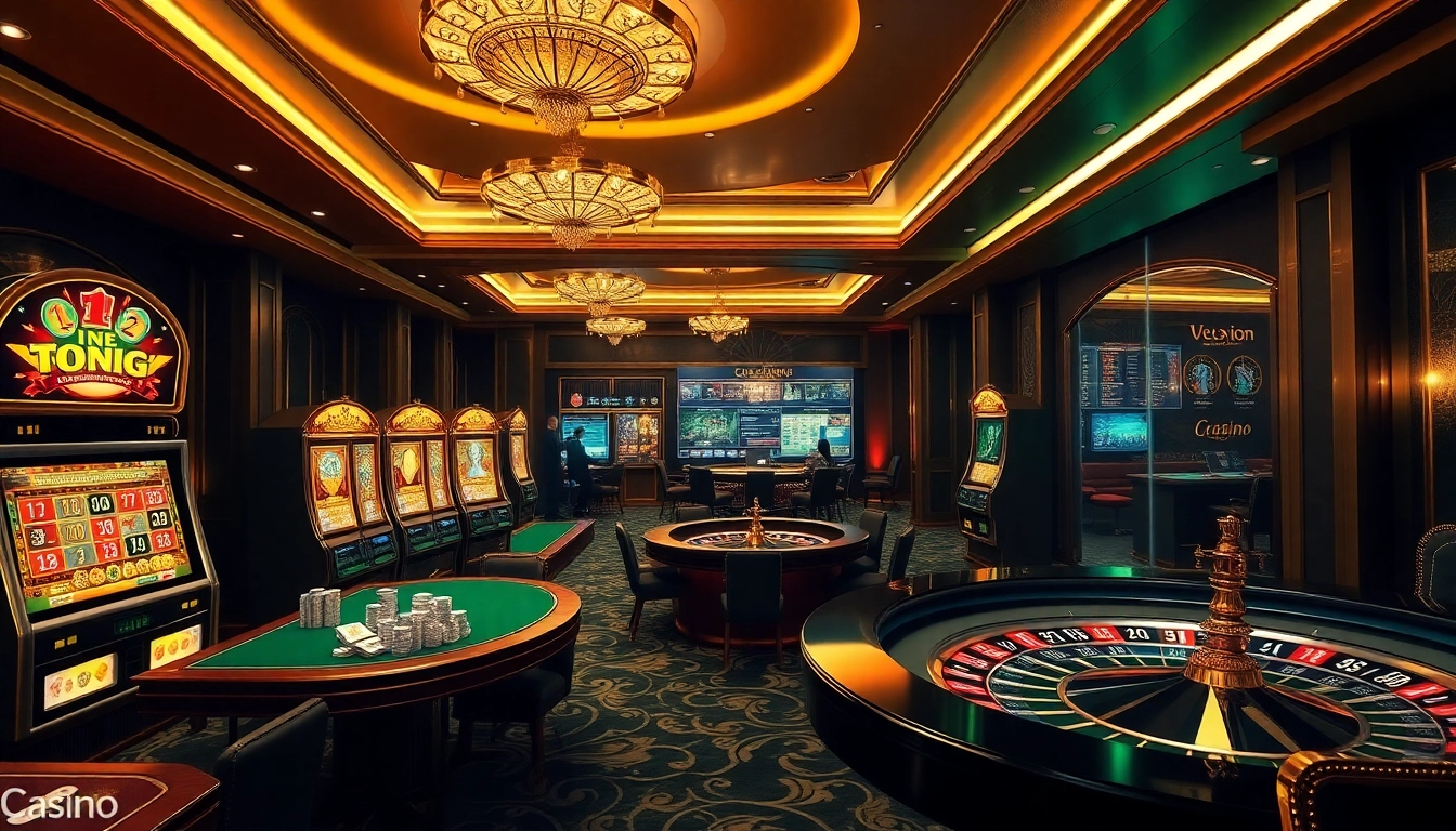 Engagez-vous avec un casino fiable en ligne dans un casino virtuel dynamique présentant des roues de roulette colorées et des tables de poker.