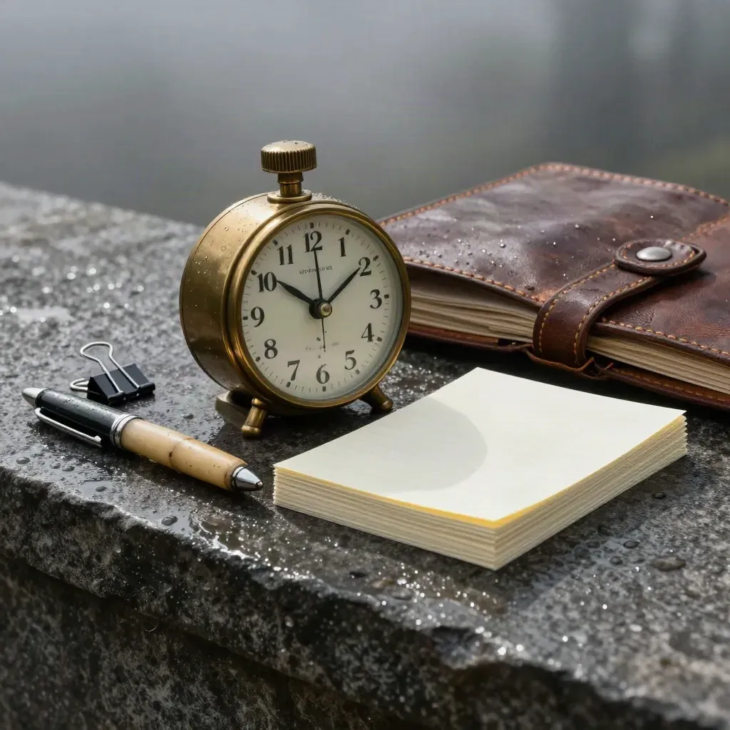 Leather meeting folio, brass timer, pen, clips and blank cards on a wet stone plinth at dawn.