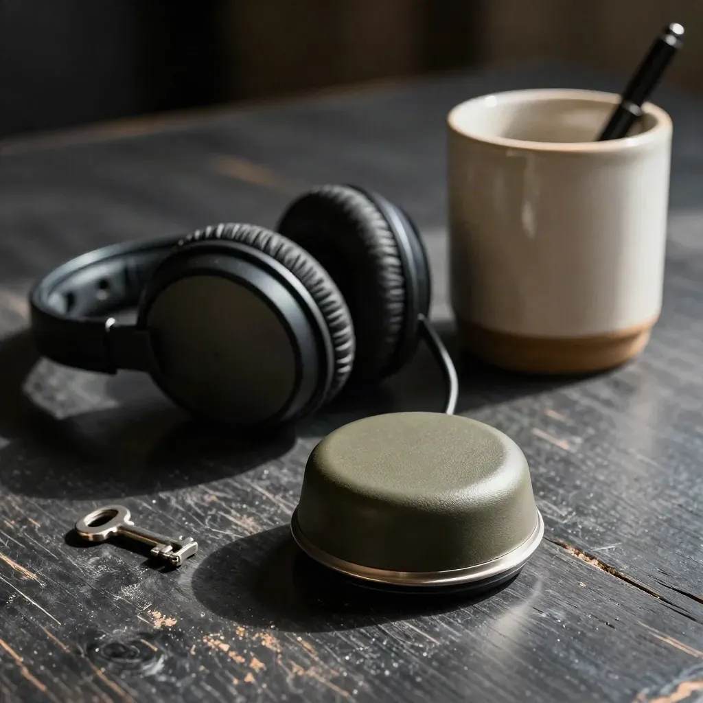 Microphone puck, folded headset, and ceramic pen cup on charcoal wood in dramatic low light.