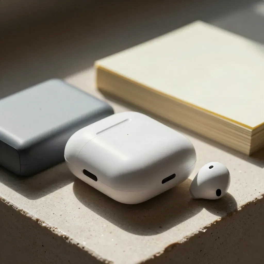 Wireless earbuds case, charger brick, and folded note cards on pale stone in soft directional light.