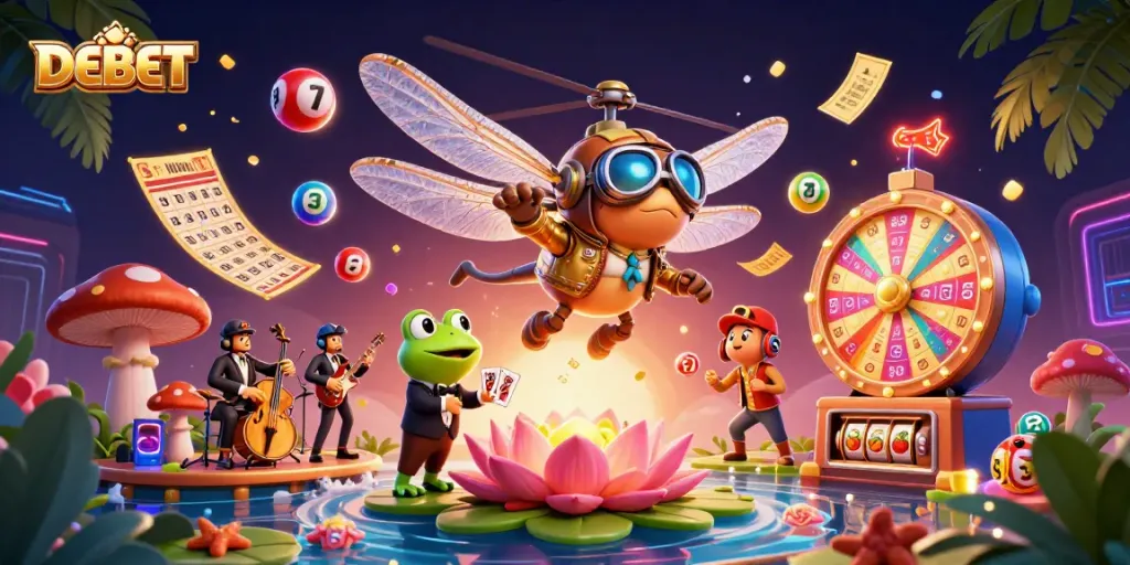 Experience stunning visuals with DEBET showcasing dynamic casino games and vibrant elements in a thrilling gambling scene.
