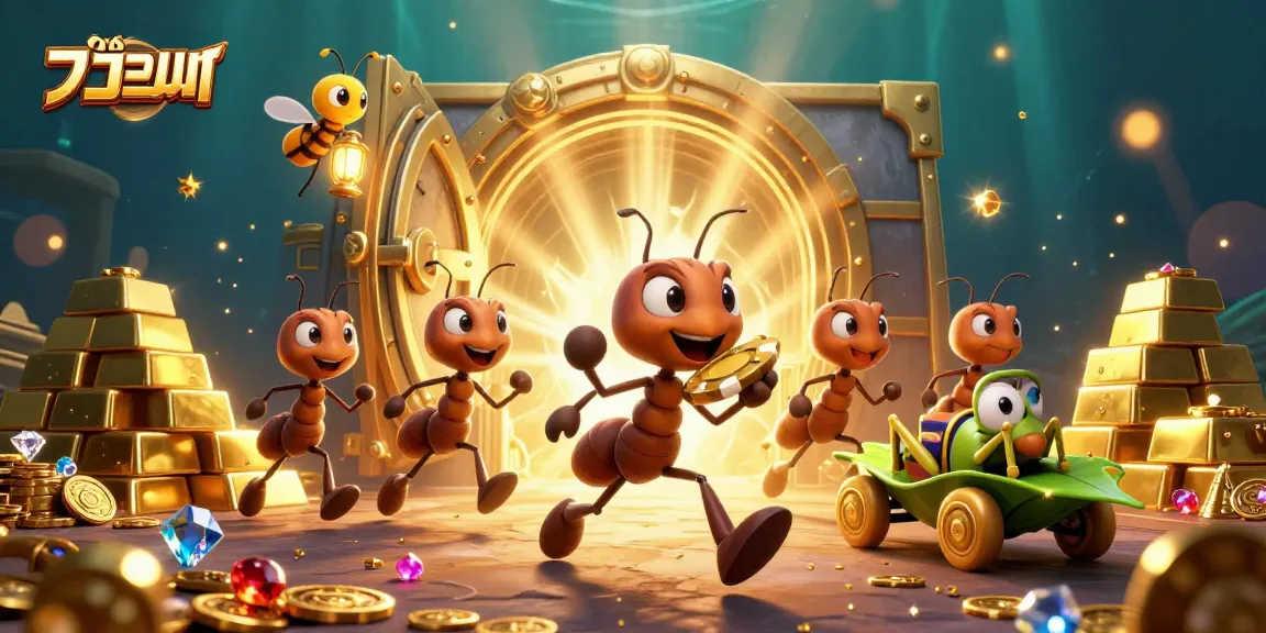 Experience แทงบอล excitement with animated ants in a thrilling heist scene surrounded by treasures.