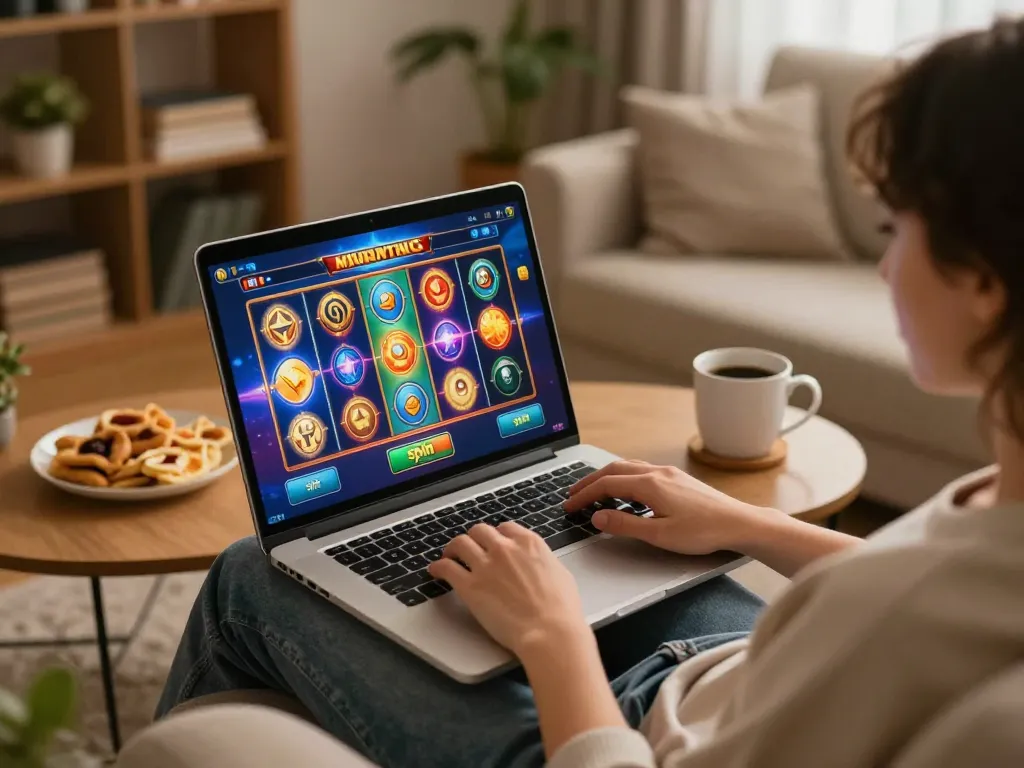 Engaging in online slot games for situs slot gacor, player prepares to hit the spin button.