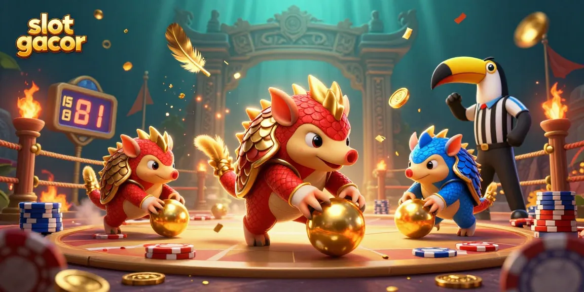 Experience the excitement of slot gacor with victorious pangolins bowling through poker chip stacks in a vibrant scene.
