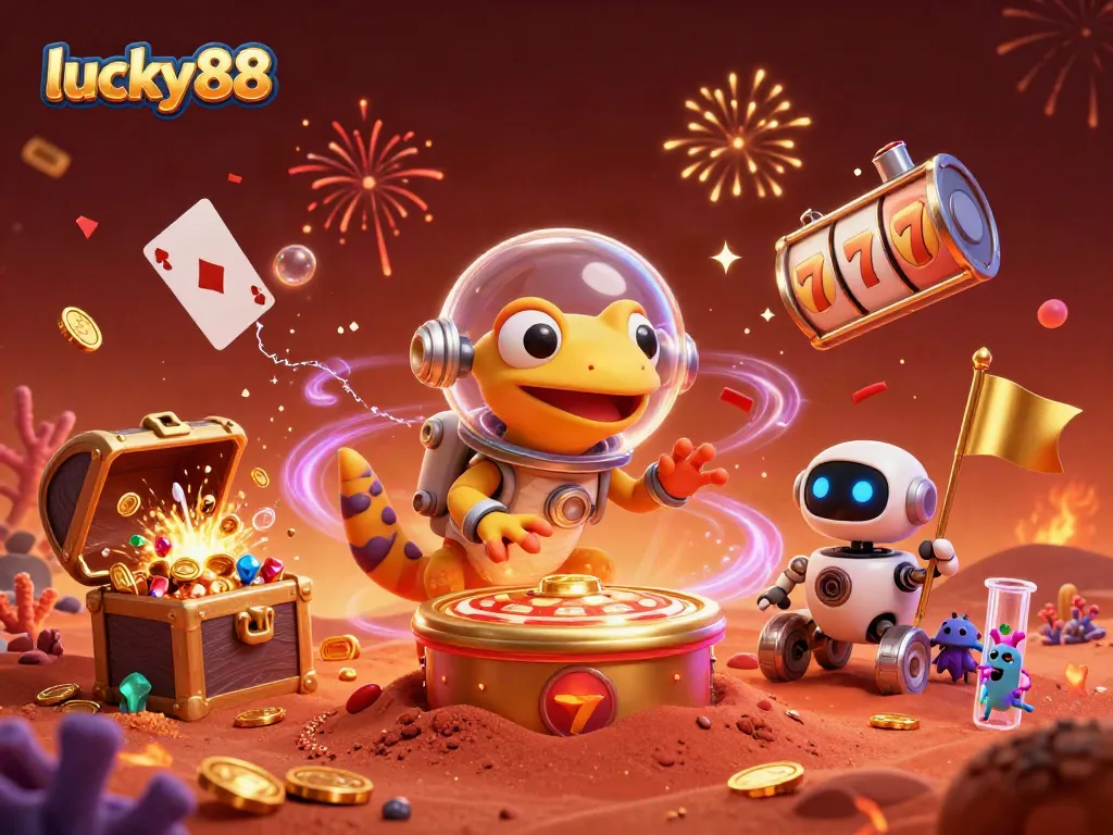 Experience thrilling adventures at lucky88 casino with a Martian gecko and treasure-filled scene.