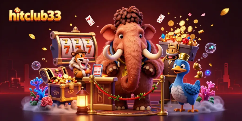 Experience hitclub33 with a dynamic casino scene featuring a woolly mammoth bouncer and vibrant game elements.