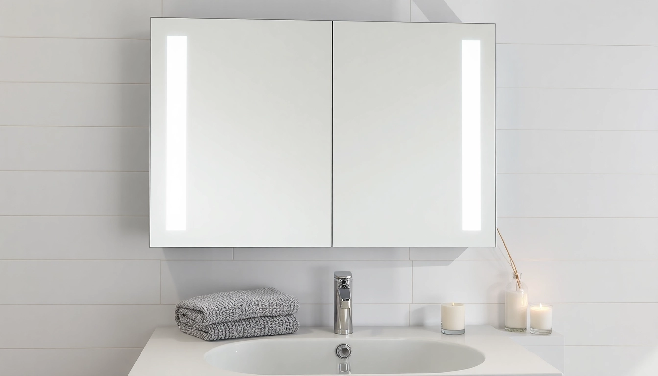 Stylish mirrored bathroom cabinet with light illuminating a chic modern bathroom setting.