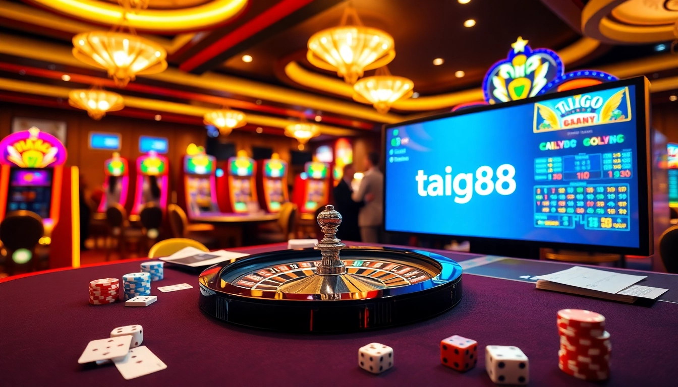 Experience thrilling games at https://taigo88.team/ with vibrant casino elements featuring roulette and poker chips.
