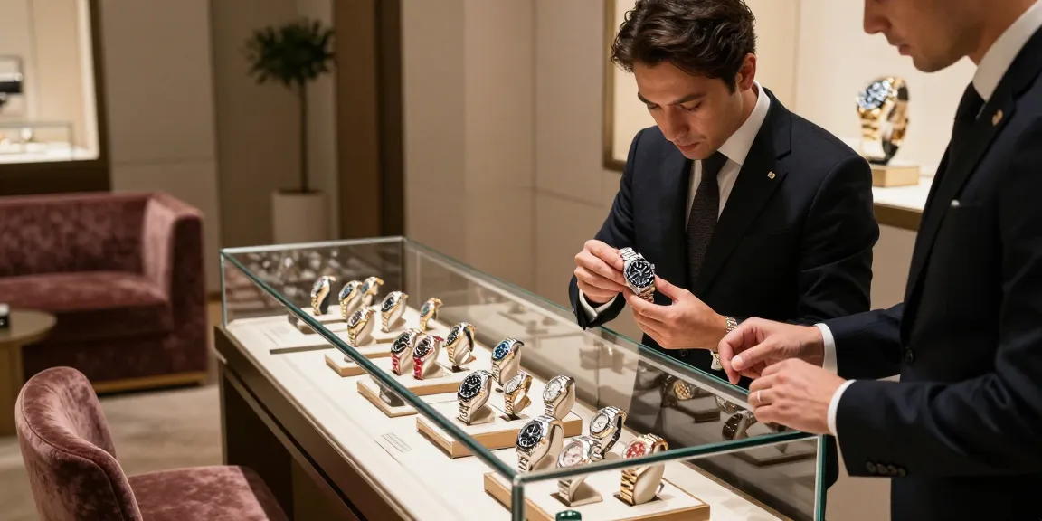 Detailed Rolex replica display in a luxury watch boutique, showcasing elegant designs and attentive service.