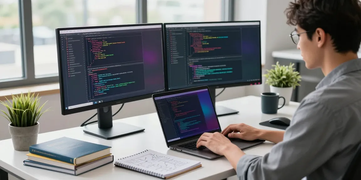Professional workspace highlighting 纸飞机中文版 software development with coding monitors and creative elements