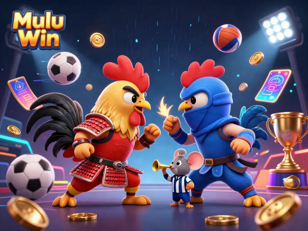 Mulu Win: Engage in thrilling battles with fighting roosters in a vibrant 3D gaming scene.