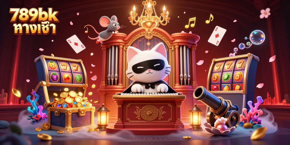 Experience the thrill at 789bk ทางเข้า with a dynamic casino illustration of a mystical cat and vibrant gaming elements.