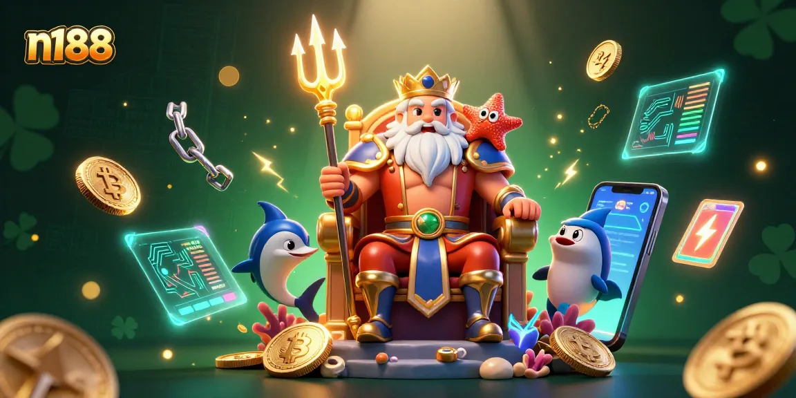 Win big with n188 in an online casino world illustrated by Neptune and game elements