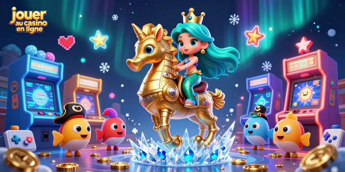 Jouez au casino en ligne avec cette illustration dynamique d'une princesse sirène, un hippocampe et des éléments de jeu colorés.