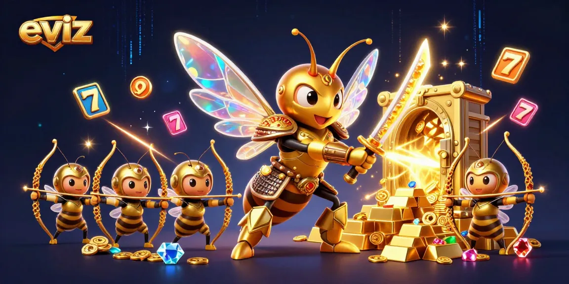 eviz showcases a dynamic and energetic casino scene with vibrant slot elements and a captivating golden hornet character.