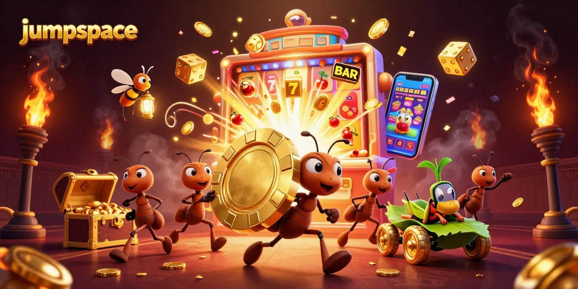 Experience jumpspace at a vibrant casino scene with animated ants and golden poker chips.