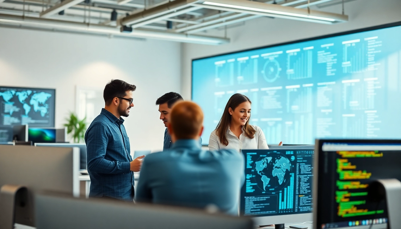 Team collaborating on IT infrastructure management with digital displays in a modern setting.