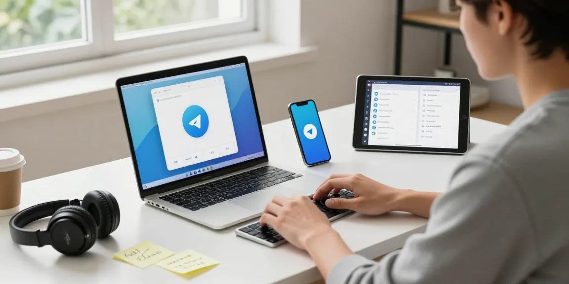 Configuring Telegram中文版 on multiple devices in a modern home office.