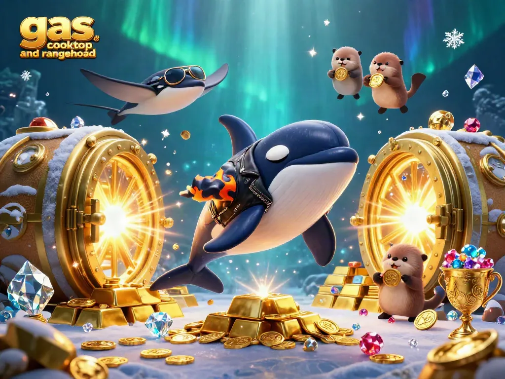 Engaging 3D cartoon scene featuring gas cooktop and rangehood elements with characters embracing fortune in a vibrant casino setting.