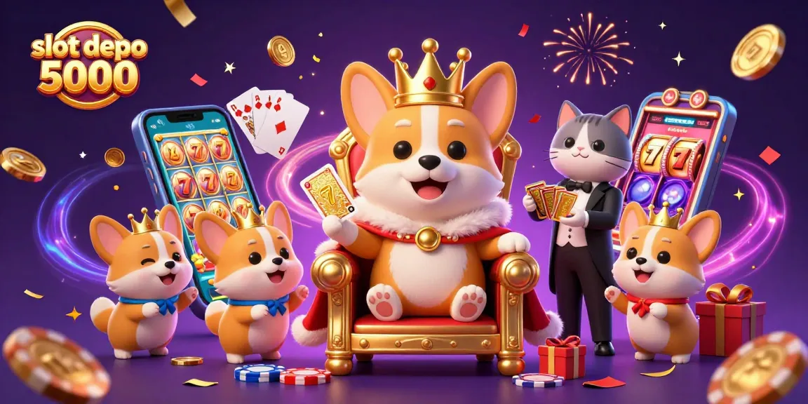 Experience the excitement of slot depo 5000 with this dynamic 3D illustration featuring colorful slot game elements and royal corgi characters.