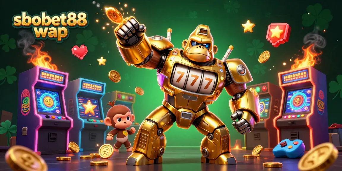 Bet on this dynamic sbobet88 wap scene featuring a golden gorilla mech and arcade machines!