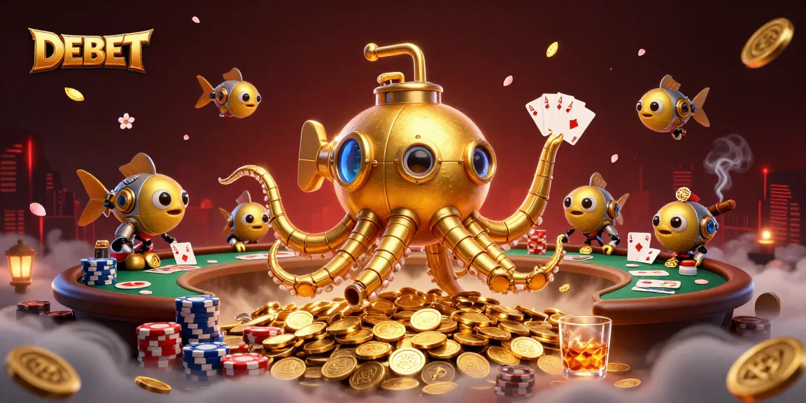 Join the DEBET adventure with a golden kraken submarine amid a poker scene and golden coins.