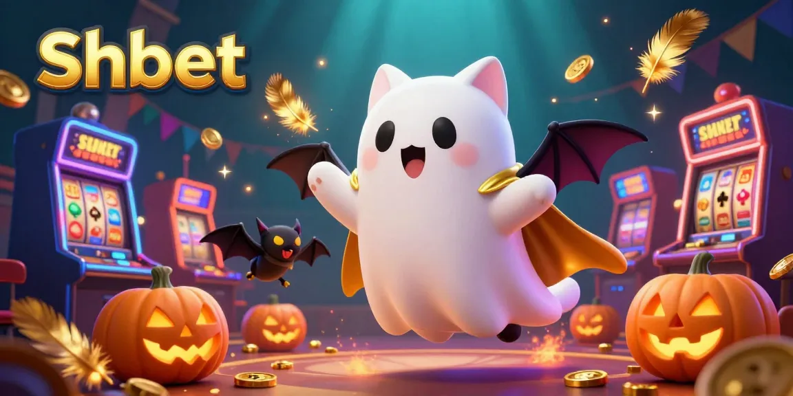 Experience thrilling gaming action in the Shbet casino as the friendly ghost cat and vampire bat explore vibrant slot machines.