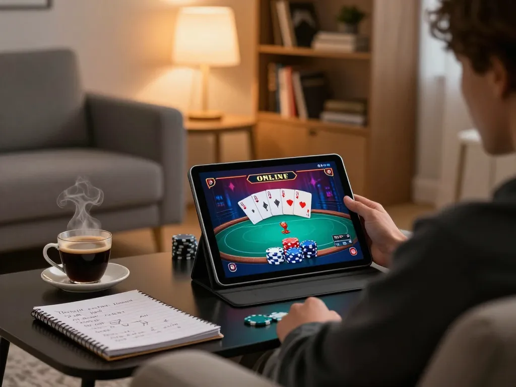 Engaging with Poker Online on a tablet in a cozy home setting, showcasing strategy notes and a warm atmosphere.