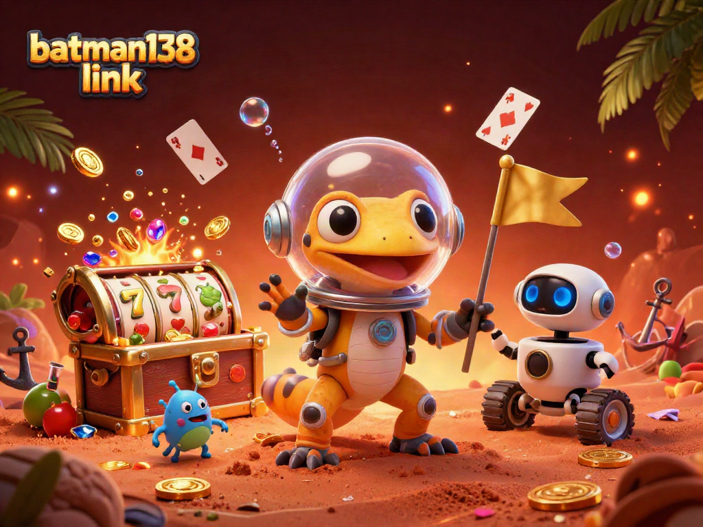 Menggunakan batman138 link, pemain slot bertaruh di kasino emas dengan simbol beruntung dan koin berkilauan.