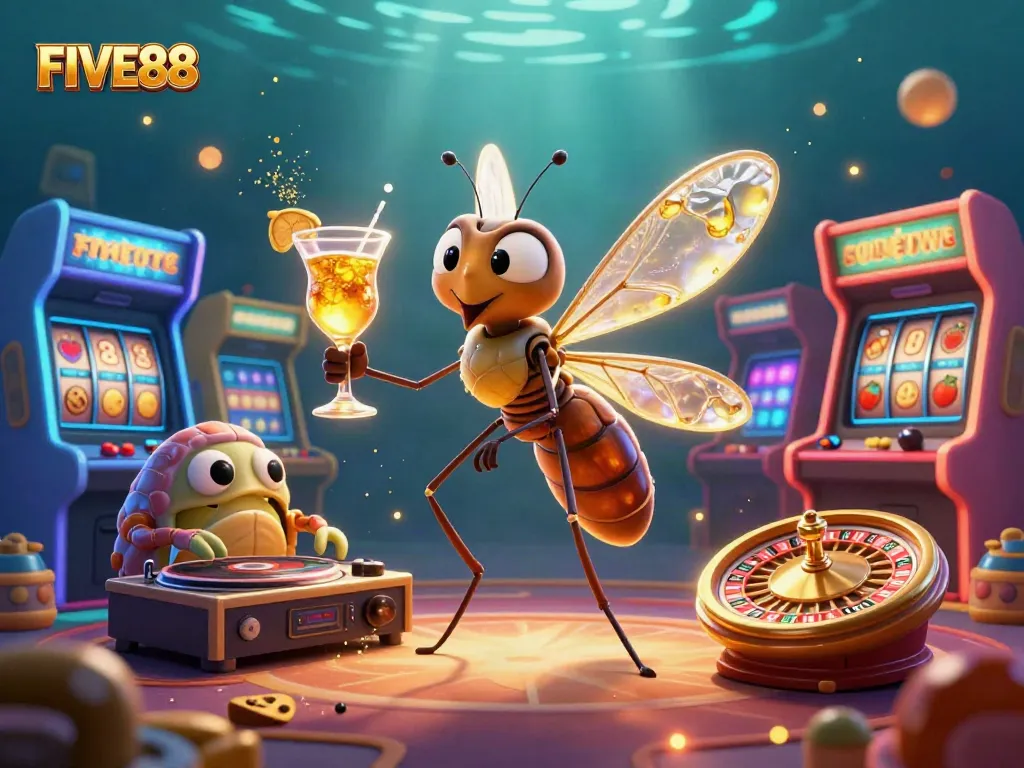 Engage in thrilling play at FIVE88 with a vibrant gaming scene featuring dynamic characters and casino elements.