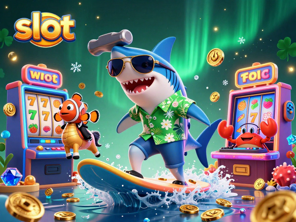 Experience thrilling slot adventures with a cartoon shark surfing on coins amid vibrant game machines.