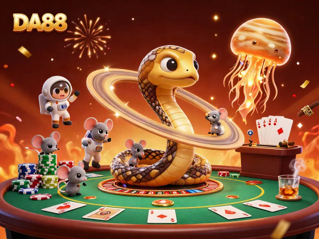 Engage with DA88 in a vibrant cosmic casino scene featuring roulette and poker elements.