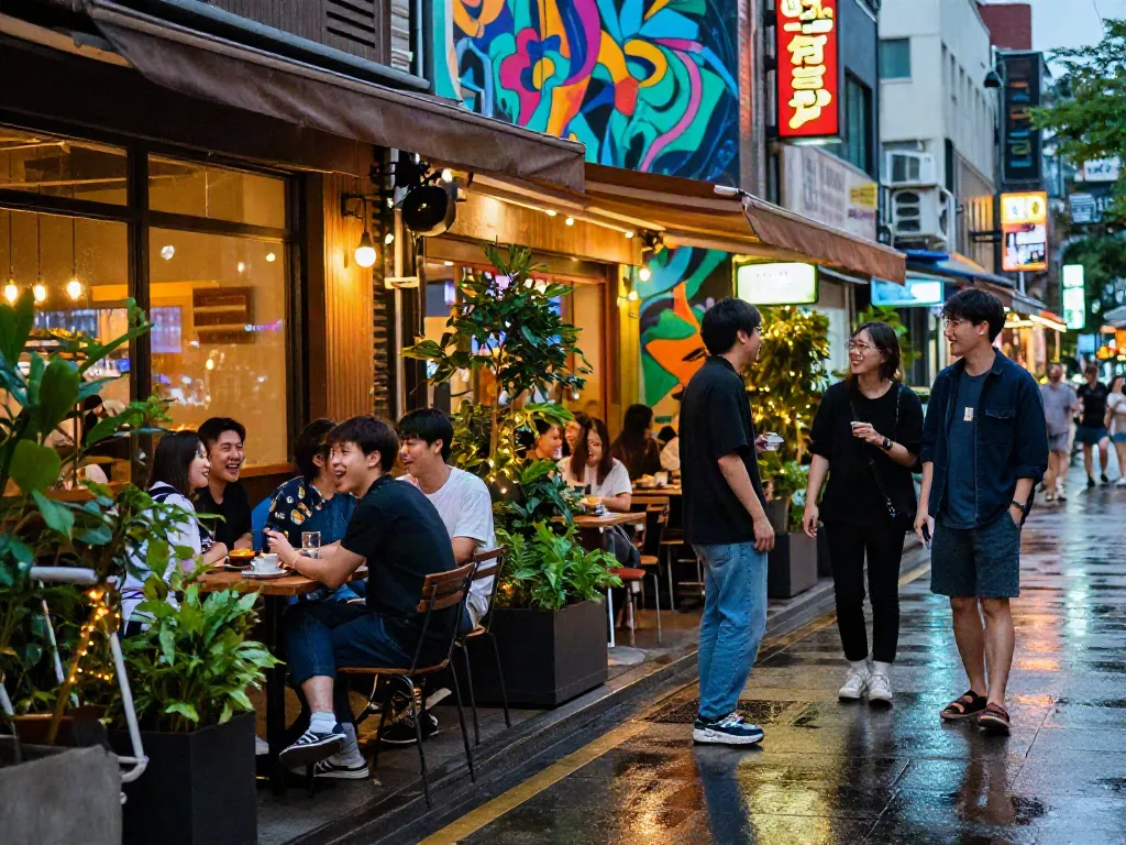 홍대에서 젊은이들이 모여 대화하는 모습, 홍대op의 활기찬 분위기
