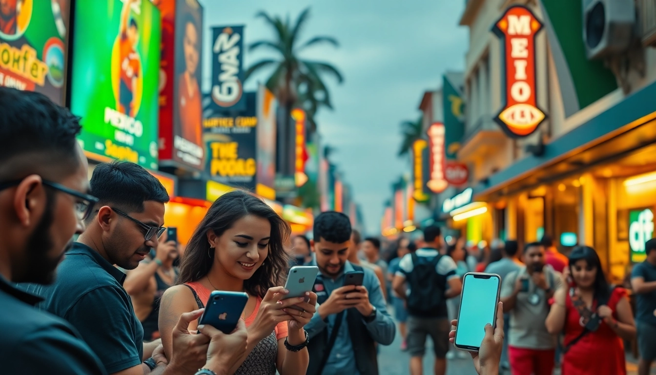Fans engaging in sports betting Mexico at a lively urban location, celebrating their team.