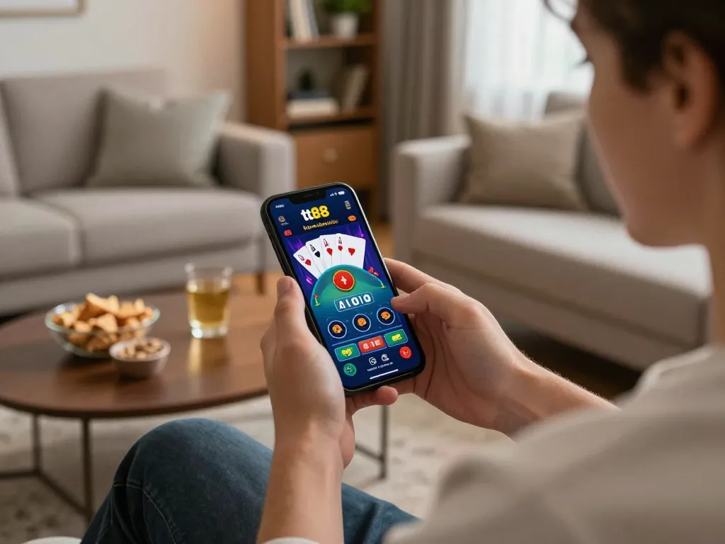 Player using the tt88 mobile app for exciting casino games on a cozy sofa.