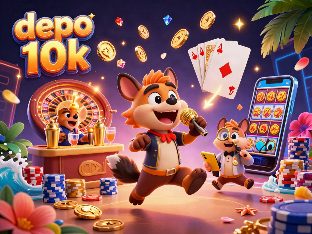 Engaging illustration of a comedy casino with depo 10k hyenas as performers, featuring lively casino elements.
