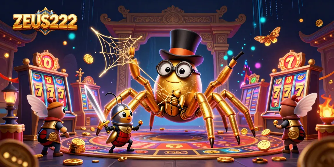 ZEUS222 menarik pemain dengan simbol slot dan tarantula emas dalam ilustrasi 3D yang menakjubkan.